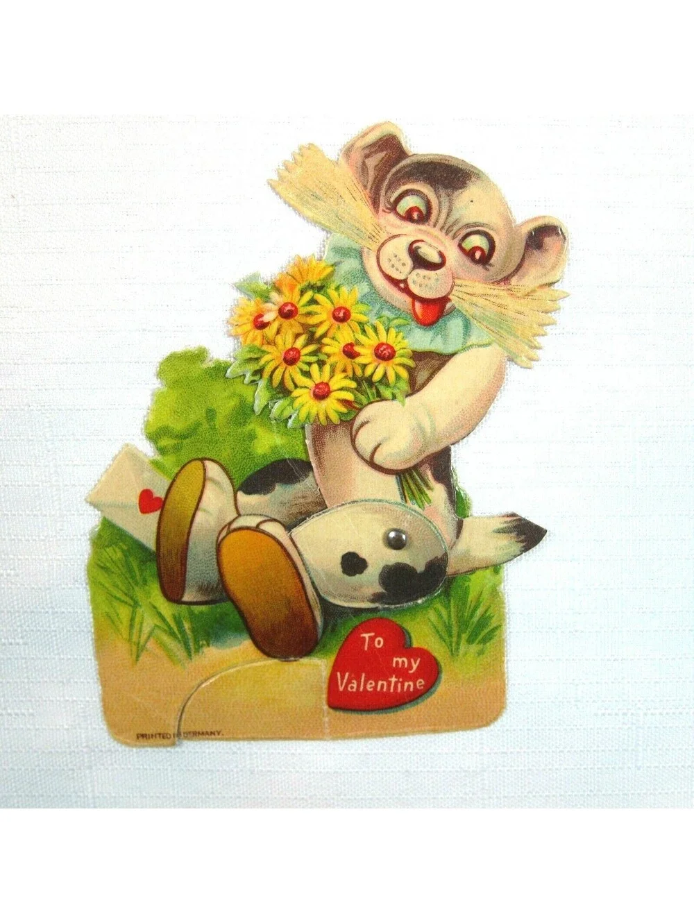 Vintage Valentine Card Mechanical Puppy Dog w/ Flowers Stand Up Germany 1920-30s